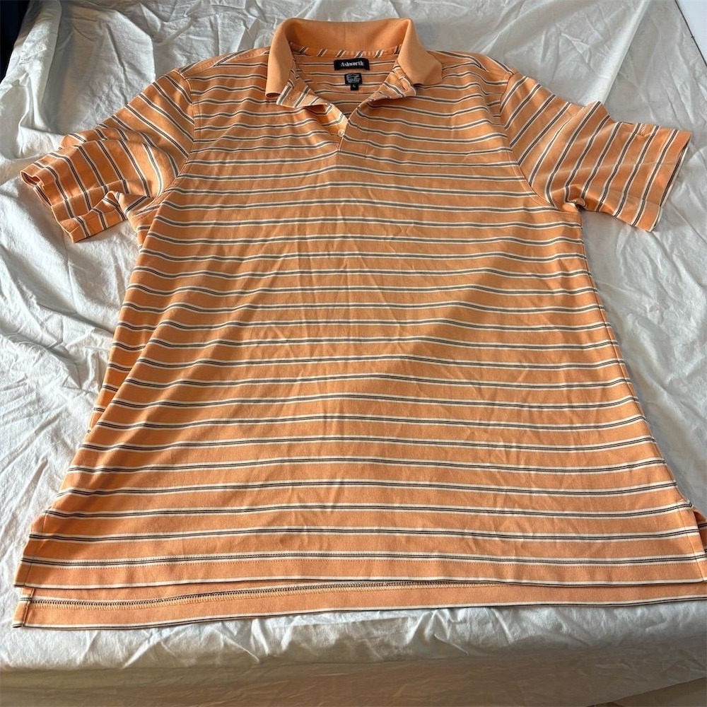 Ashworth EZ Tech Mens Large Orange Striped Pima Cotton Blend Golf‎ Polo Shirt